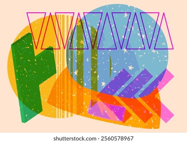 Risograph Snow Globe with geometric shapes. Objects in trendy riso graph print texture style design with geometry elements.