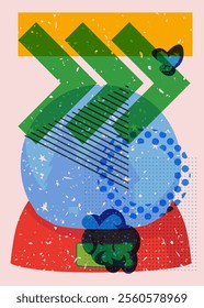 Risograph Snow Globe with geometric shapes. Objects in trendy riso graph print texture style design with geometry elements.