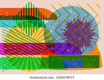 Risograph Snow Globe with geometric shapes. Objects in trendy riso graph print texture style design with geometry elements.