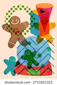 Risograph Snow Globe and Gingerbread Man Christmas Cookie with geometric shapes. Objects in trendy riso graph print texture style design with geometry elements.