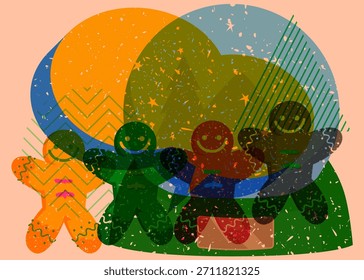 Risograph Snow Globe and Gingerbread Man Christmas Cookie with geometric shapes. Objects in trendy riso graph print texture style design with geometry elements.