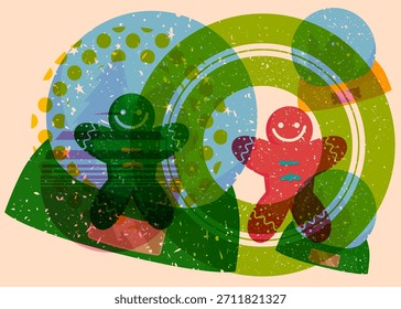 Risograph Snow Globe and Gingerbread Man Christmas Cookie with geometric shapes. Objects in trendy riso graph print texture style design with geometry elements.
