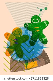 Risograph Snow Globe y galleta de Navidades de hombre de jengibre con Formas geométricas. Objetos en el diseño de moda del estilo de la textura de la impresión del gráfico del riso con los Elementos de la geometría.