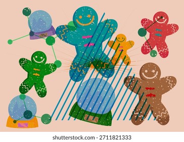 Risograph Snow Globe and Gingerbread Man Christmas Cookie with geometric shapes. Objects in trendy riso graph print texture style design with geometry elements.