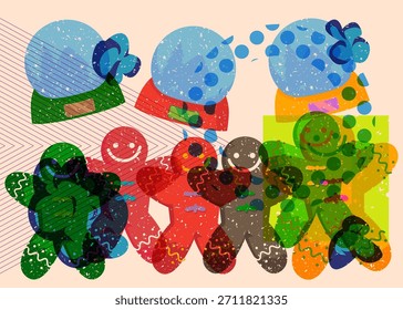 Risograph Snow Globe and Gingerbread Man Christmas Cookie with geometric shapes. Objects in trendy riso graph print texture style design with geometry elements.