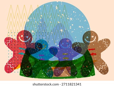 Risograph Snow Globe and Gingerbread Man Christmas Cookie with geometric shapes. Objects in trendy riso graph print texture style design with geometry elements.