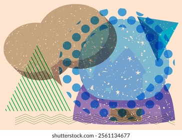 Risograph Snow Globe with speech bubble with geometric shapes. Objects in trendy riso graph print texture style design with geometry elements.