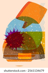 Risograph Snow Globe with speech bubble with geometric shapes. Objects in trendy riso graph print texture style design with geometry elements.