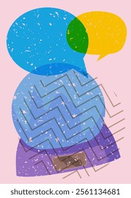 Risograph Snow Globe with speech bubble with geometric shapes. Objects in trendy riso graph print texture style design with geometry elements.