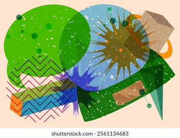 Risograph Snow Globe with speech bubble with geometric shapes. Objects in trendy riso graph print texture style design with geometry elements.