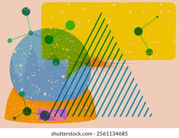 Risograph Snow Globe with speech bubble with geometric shapes. Objects in trendy riso graph print texture style design with geometry elements.