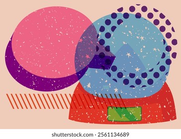 Risograph Snow Globe with speech bubble with geometric shapes. Objects in trendy riso graph print texture style design with geometry elements.