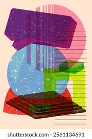Risograph Snow Globe with speech bubble with geometric shapes. Objects in trendy riso graph print texture style design with geometry elements.