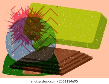 Risograph Snow Globe with speech bubble with geometric shapes. Objects in trendy riso graph print texture style design with geometry elements.