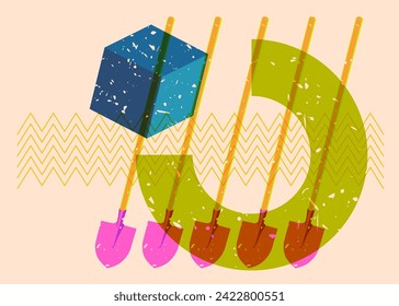 Risograph Spade, Shovel with geometric shapes. Objects in trendy riso graph print texture style design with geometry elements.
