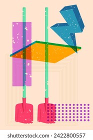 Risograph Spade, Shovel with geometric shapes. Objects in trendy riso graph print texture style design with geometry elements.