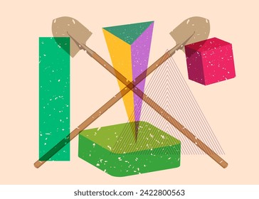 Risograph Spade, Shovel with geometric shapes. Objects in trendy riso graph print texture style design with geometry elements.