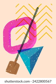 Risograph Spade, Shovel with geometric shapes. Objects in trendy riso graph print texture style design with geometry elements.