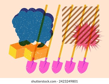 Risograph Spade, Shovel with speech bubble with geometric shapes. Objects in trendy riso graph print texture style design with geometry elements.