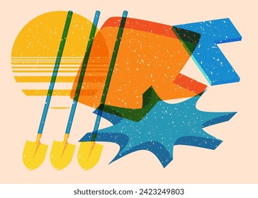 Risograph Spade, Shovel with speech bubble with geometric shapes. Objects in trendy riso graph print texture style design with geometry elements.