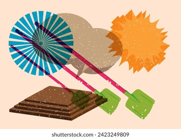 Risograph Spade, Shovel with speech bubble with geometric shapes. Objects in trendy riso graph print texture style design with geometry elements.