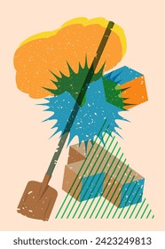Risograph Spade, Shovel with speech bubble with geometric shapes. Objects in trendy riso graph print texture style design with geometry elements.
