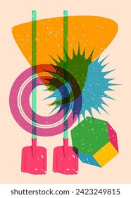 Risograph Spade, Shovel with speech bubble with geometric shapes. Objects in trendy riso graph print texture style design with geometry elements.