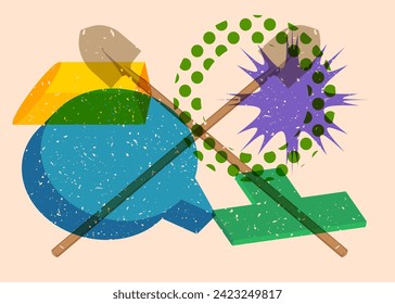 Risograph Spade, Shovel with speech bubble with geometric shapes. Objects in trendy riso graph print texture style design with geometry elements.