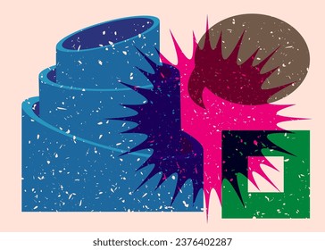 Burbuja de voz del Risograma con formas geométricas. Elementos de geometría vectorial con símbolo de mensaje en diseño de gráfico de riso a la moda.
