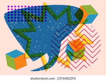 Risograph Speech Bubble with geometric shapes. Vector geometry elements with Message symbol in trendy riso graph design.