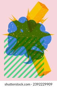 Risograph Speech Bubble with geometric shapes. Geometry elements with Message symbol in trendy riso graph design.