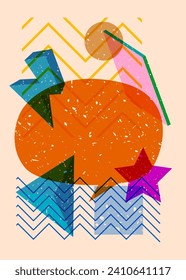 Risograph speech bubble with geometric shapes. Objects in trendy riso graph print texture style design with geometry elements.
