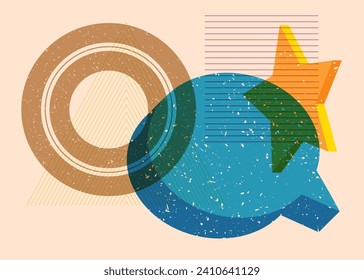 Risograph speech bubble with geometric shapes. Objects in trendy riso graph print texture style design with geometry elements.