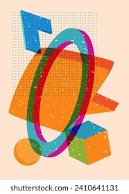 Risograph speech bubble with geometric shapes. Objects in trendy riso graph print texture style design with geometry elements.