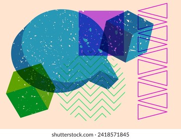 Risograph Speech Bubble with geometric shapes. Objects in trendy riso graph print texture style design with geometry elements.