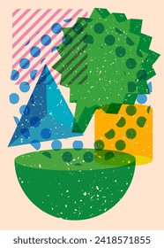 Risograph Speech Bubble mit geometrischen Formen. Objekte in trendigem Riso Graphen Print Textur Stil Design mit Geometrie Elemente.