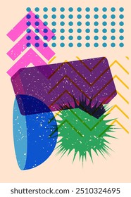 Risograph Speech Bubble with geometric shapes. Objects in trendy riso graph print texture style design with geometry elements.