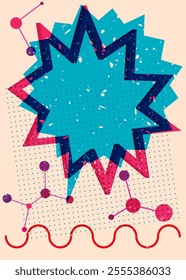 Risograph speech bubble with geometric shapes. Objects in trendy riso graph print texture style design with geometry elements.