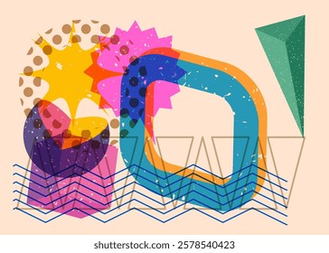 Risograph Speech Bubble with geometric shapes. Objects in trendy riso graph print texture style design with geometry elements.