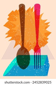 Risograph spoon and fork with geometric shapes. Objects in trendy riso graph print texture style design with geometry elements.