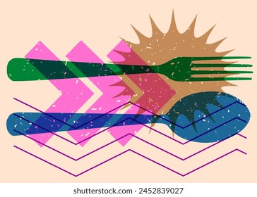 Risograph spoon and fork with geometric shapes. Objects in trendy riso graph print texture style design with geometry elements.