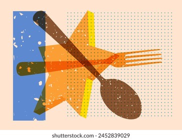 Risograph spoon and fork with geometric shapes. Objects in trendy riso graph print texture style design with geometry elements.