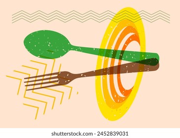 Risograph spoon and fork with geometric shapes. Objects in trendy riso graph print texture style design with geometry elements.