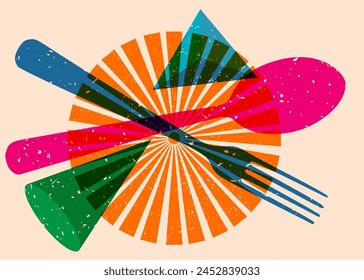 Risograph spoon and fork with geometric shapes. Objects in trendy riso graph print texture style design with geometry elements.