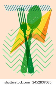 Risograph spoon and fork with geometric shapes. Objects in trendy riso graph print texture style design with geometry elements.