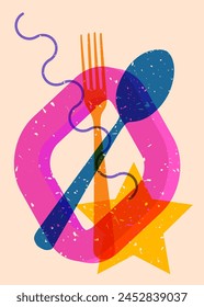 Risograph spoon and fork with geometric shapes. Objects in trendy riso graph print texture style design with geometry elements.