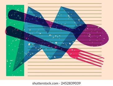 Risograph spoon and fork with geometric shapes. Objects in trendy riso graph print texture style design with geometry elements.