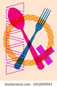 Risograph spoon and fork with geometric shapes. Objects in trendy riso graph print texture style design with geometry elements.