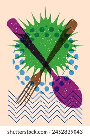 Risograph spoon and fork with geometric shapes. Objects in trendy riso graph print texture style design with geometry elements.