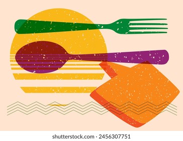 Risograph spoon and fork with speech bubble with geometric shapes. Objects in trendy riso graph print texture style design with geometry elements.